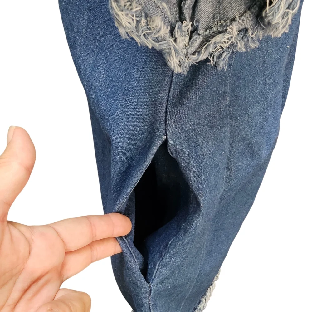 Umgee Blue Frayed Raw Edge Hem Denim Mini Dress Ruffled Sleeves Size M - Picture 5 of 8